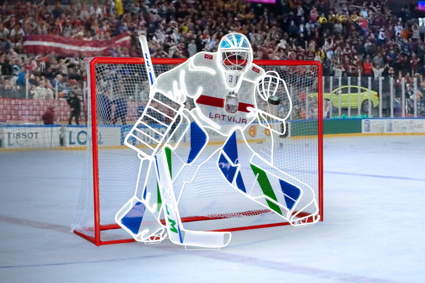 Latvijas izcīnītā bronzas medaļa iedvesmo radīt lielformāta foto objektu – hokeja vārtsargu
